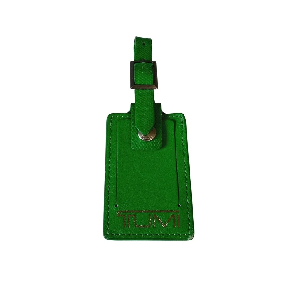 TUMI Green Textured Leather Luggage Tag Buckle Strap ID Window Travel KC